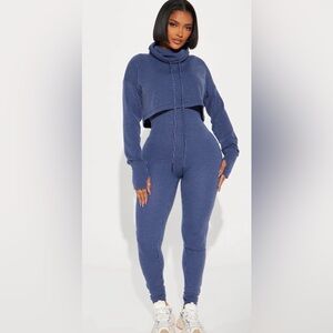 Fashion Nova Ribbed High-Waist Knit Jumpsuit - Navy Blue